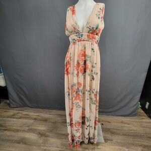 Lulus Maxi Dress XS Floral Chiffon Peach Plunge Wedding Guest